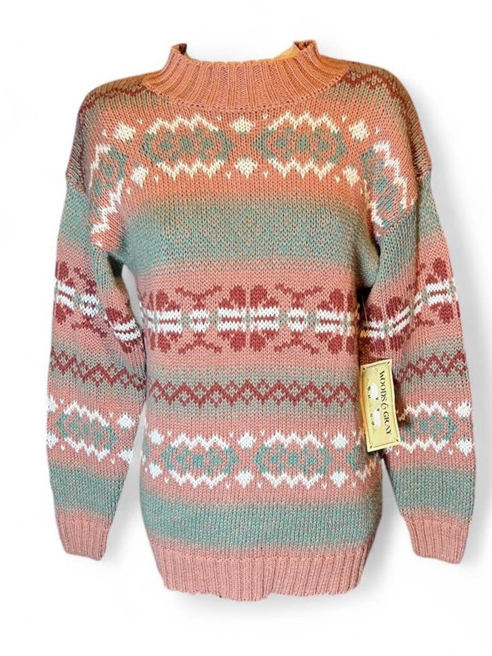 🤍Vintage Woods & Gray Crewneck Fair Isle Sweater in Pink/Green/White